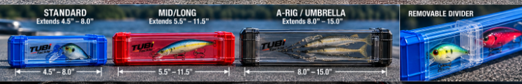 TUBI Block lineup: Standard extends 4.5 to 8.0 inches, Mid/Long 5.5 to 11.5 inches, A-Rig/Umbrella 8.0 to 15.0 inches, plus removable divider